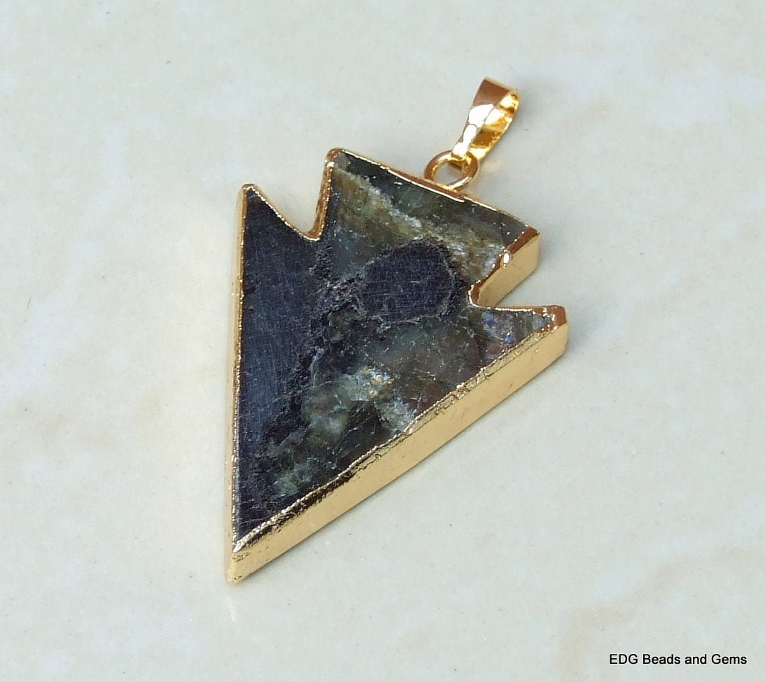 Labradorite Arrowhead Pendant - Labradorite Arrow Pendant - Labradorite Pendant - Gold Edge - 30mm x 40mm - 9214 - EDGBeadsandGems