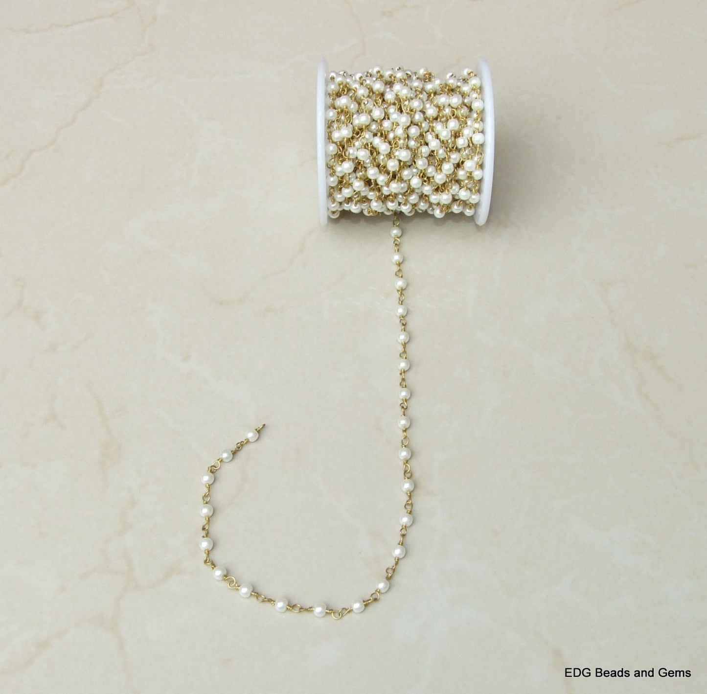 White Glass Pearl Rosary Chain, Bulk Chain, Rondelle Glass Beads, Beaded Chain, Body Chain Jewelry, Gold Necklace Chain, Belly Chain, 6mm - EDGBeadsandGems