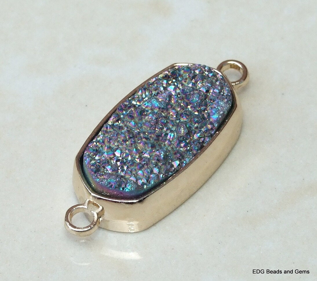 Rainbow Druzy Connector, Druzy Agate Quartz. Gold Plated Cup Bezel and Loops - 15mm x 25mm - EDGBeadsandGems