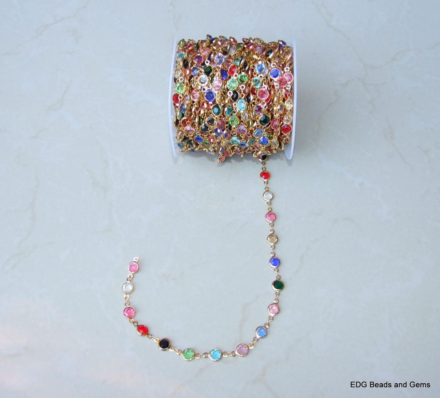 Multicolored 6mm Faceted Glass Bead Rosary Chain, Bulk Chain, Body Chain Jewelry, Gold Plated, Necklace Chain, Belly Chain, 1 Foot - EDGBeadsandGems