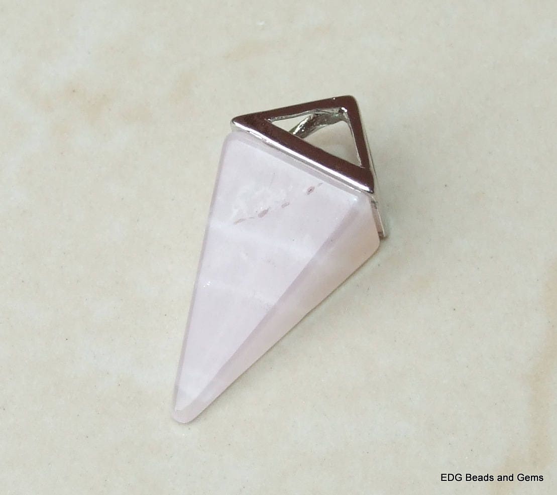 Rose Quartz Pyramid Pendant - Quartz Pendant - Quartz Point - Silver Pyramid Cap - 15mm x 34mm - EDGBeadsandGems