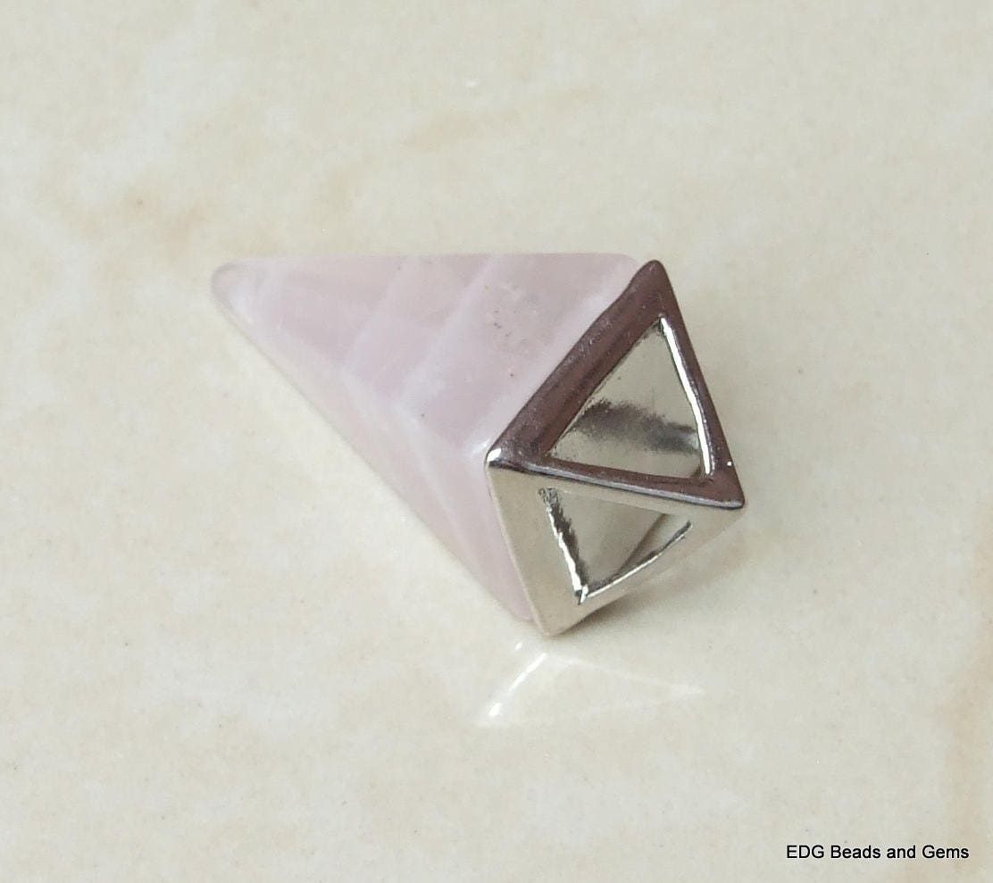 Rose Quartz Pyramid Pendant - Quartz Pendant - Quartz Point - Silver Pyramid Cap - 15mm x 34mm - EDGBeadsandGems
