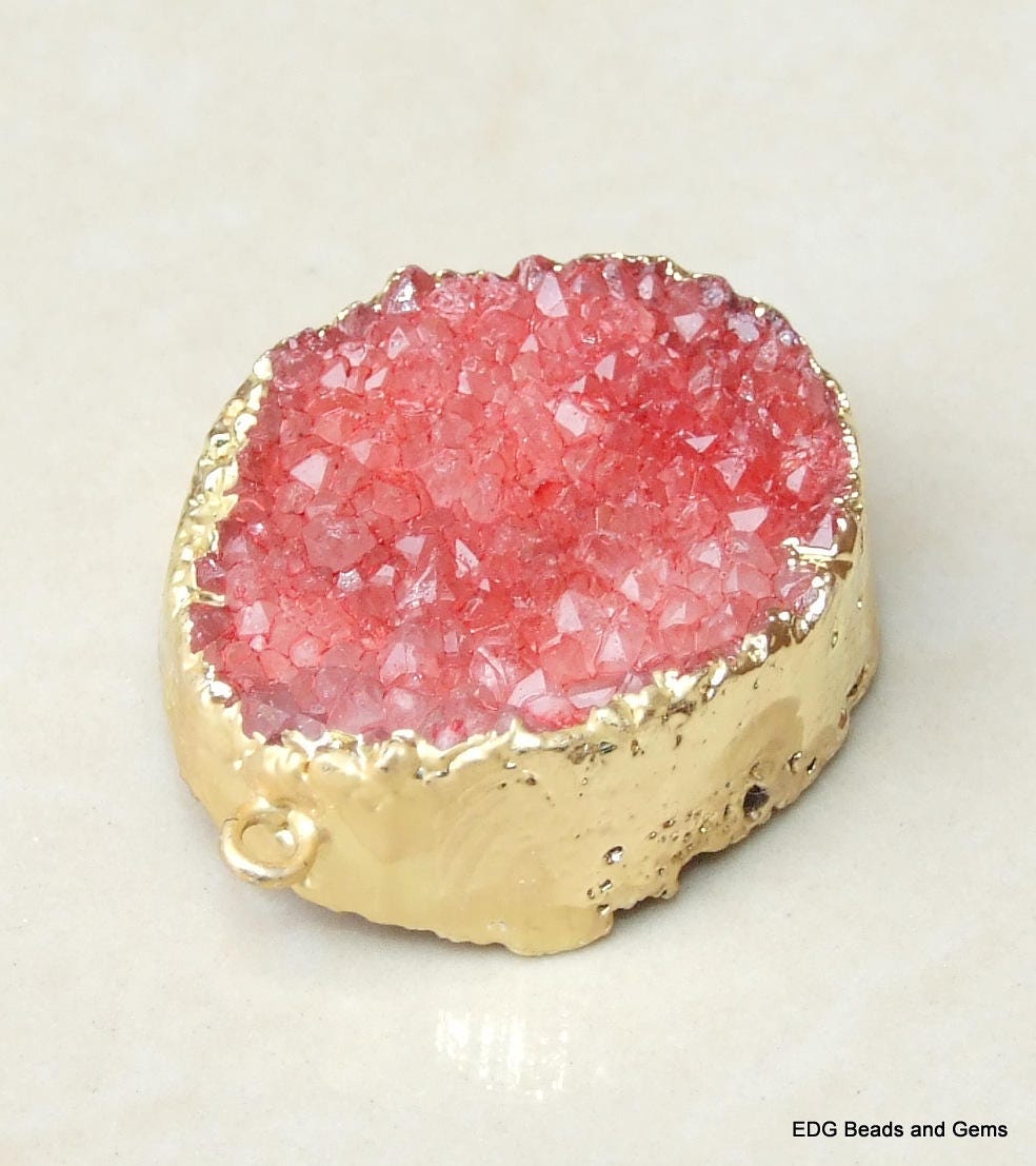 Red - Druzy Connector - Quartz Druzy Agate - Druzy Connector- Pendant - Gold Plated Edge and Bail - 27 mm x 32 mm - 3979 - EDGBeadsandGems