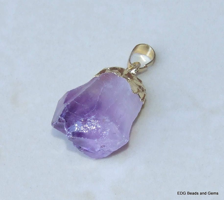 Small Amethyst Nugget Pendant - Crystal Quartz - Natural - Raw - Purple - Quartz Nugget Pendant - Gold Plated Bail - 25-35mm - EDGBeadsandGems
