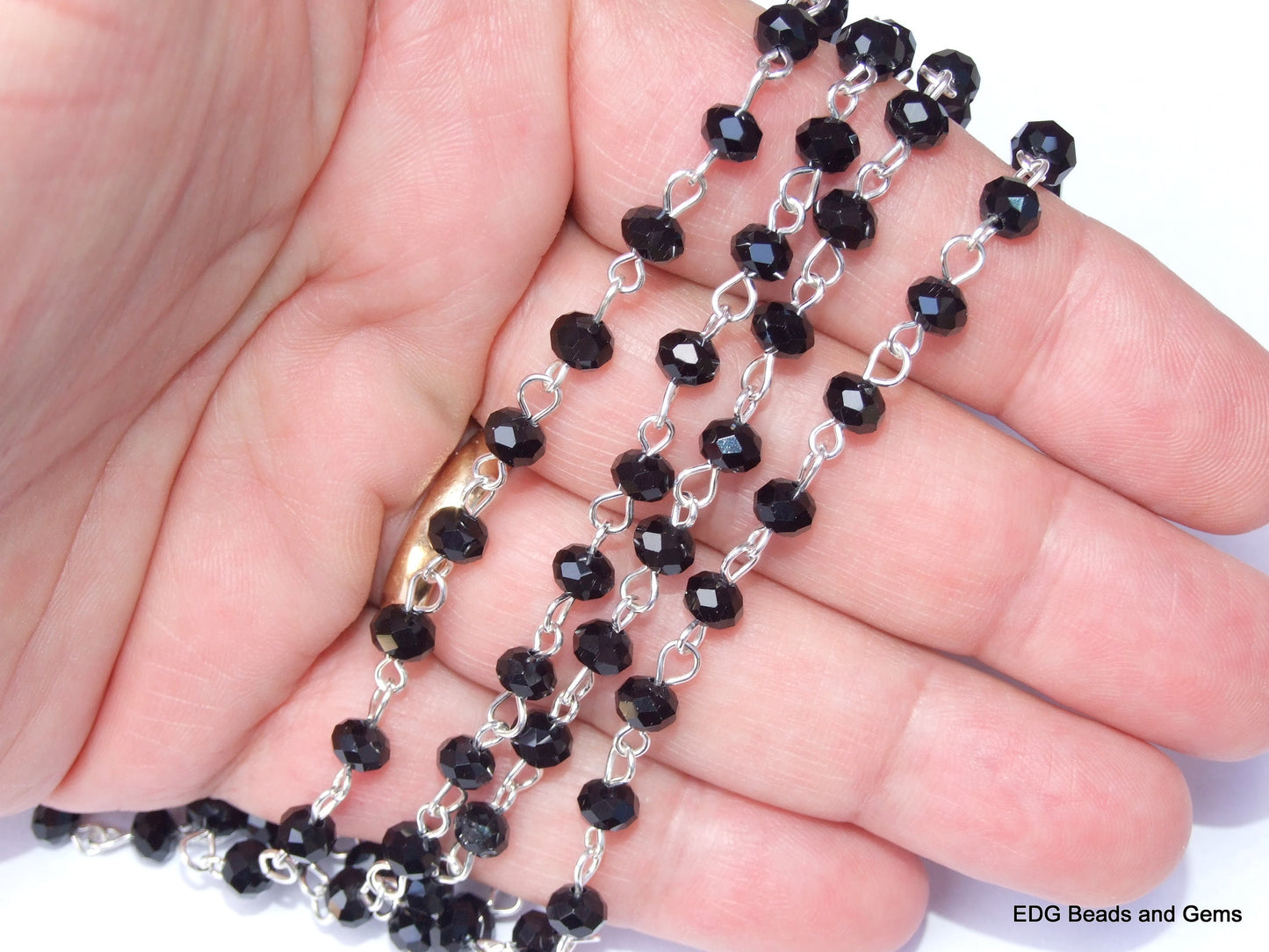 Black Glass Rosary Chain, Silver Plated, Beaded Link, 1 Meter, 02 - EDGBeadsandGems