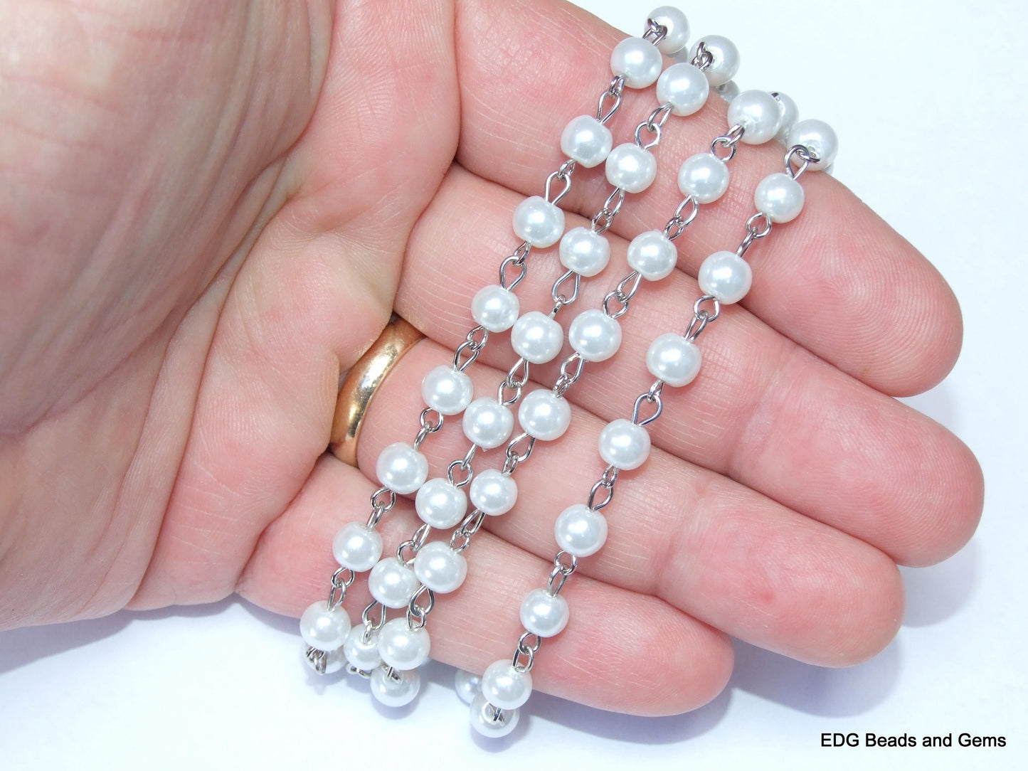 White Pearl Rosary Chain, Bulk Chain, 1 Meter, Glass Beads, Beaded Chain, Body Chain Jewelry, Silver Chain, Necklace Chain, Belly Chain, 8mm - EDGBeadsandGems