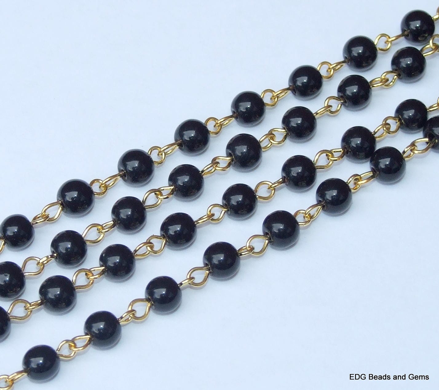 Black Glass Rosary Chain, Meter, Bulk Chain, Polished Glass Beads, Beaded Chain, Body Chain, Gold Chain, Necklace Chain, Belly Chain, 6mm - EDGBeadsandGems
