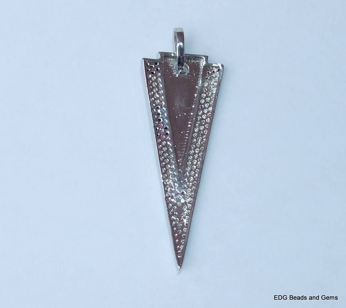 CLOSE OUT Micro Pave Pendant - Pave Charm - Pave Diamond, Pave Cubic Zirconia Crystals, CZ - Rhinestone - Triangle - Silver - 18mm x 50mm - EDGBeadsandGems