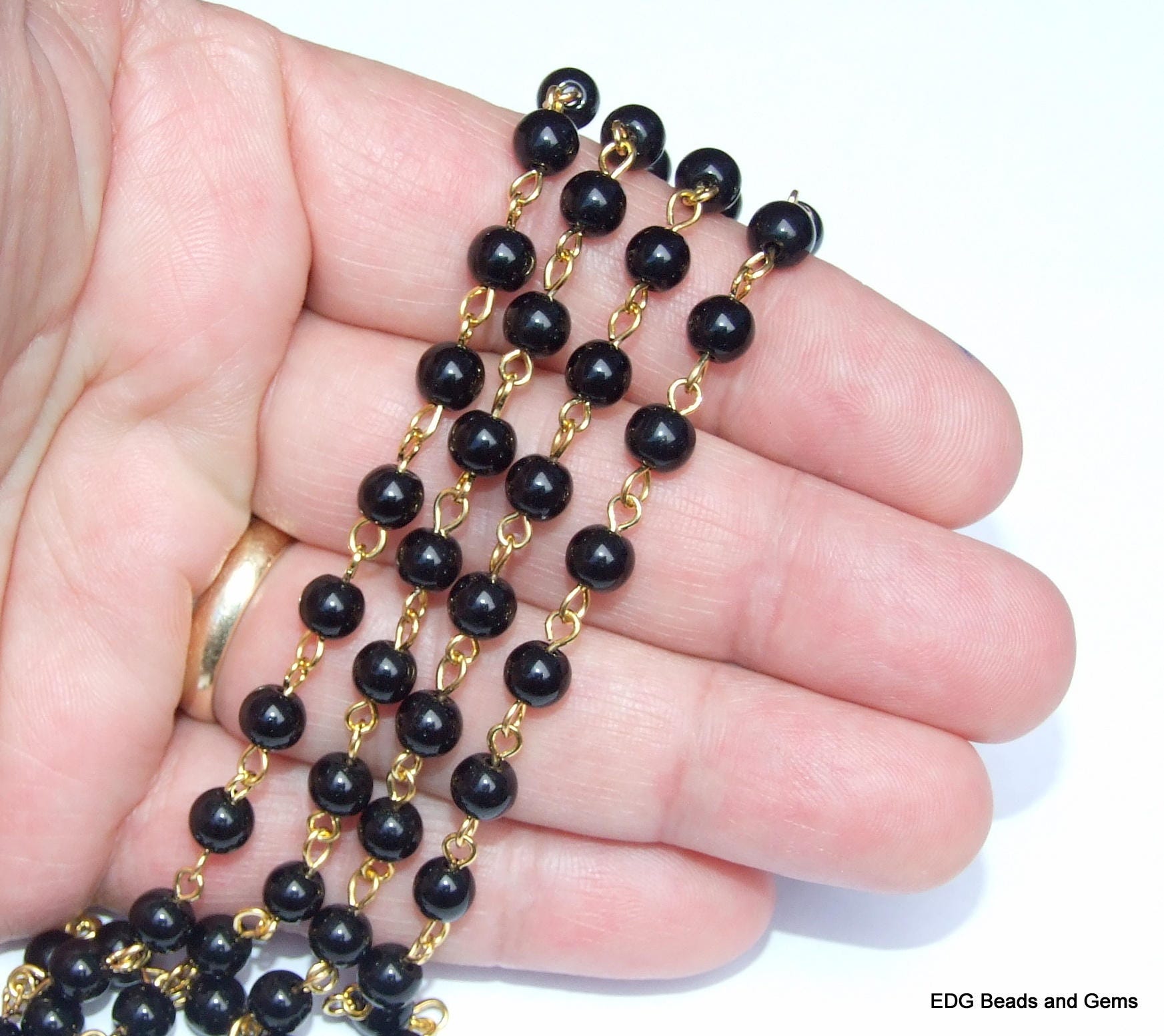 Black Glass Rosary Chain, Meter, Bulk Chain, Polished Glass Beads, Beaded Chain, Body Chain, Gold Chain, Necklace Chain, Belly Chain, 6mm - EDGBeadsandGems