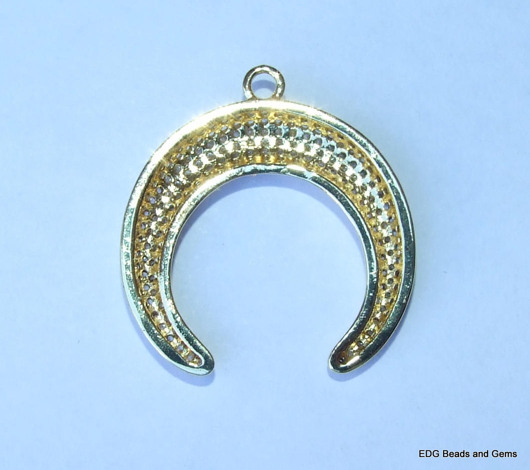 CLOSE OUT Micro Pave Pendant - Pave Charm Pendant Pave Cubic Zirconia Crystals CZ - Rhinestone, Crescent Moon Double Horn Tusk - Black, 30mm - EDGBeadsandGems