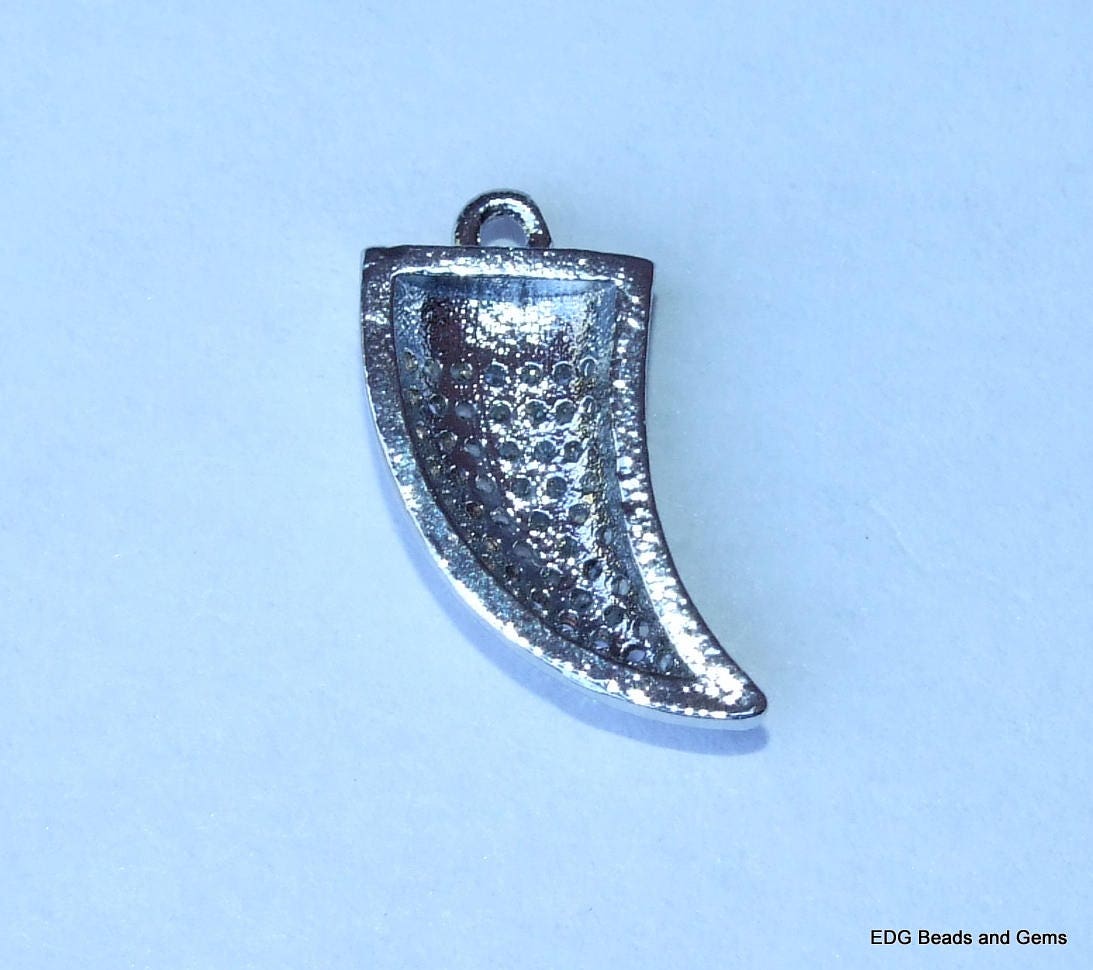 CLOSE OUT Micro Pave Pendant - Pave Charm - Pave Diamond, Pave Cubic Zirconia Crystals, CZ - Rhinestone - Tusk - Silver - 9mm x 14mm - EDGBeadsandGems