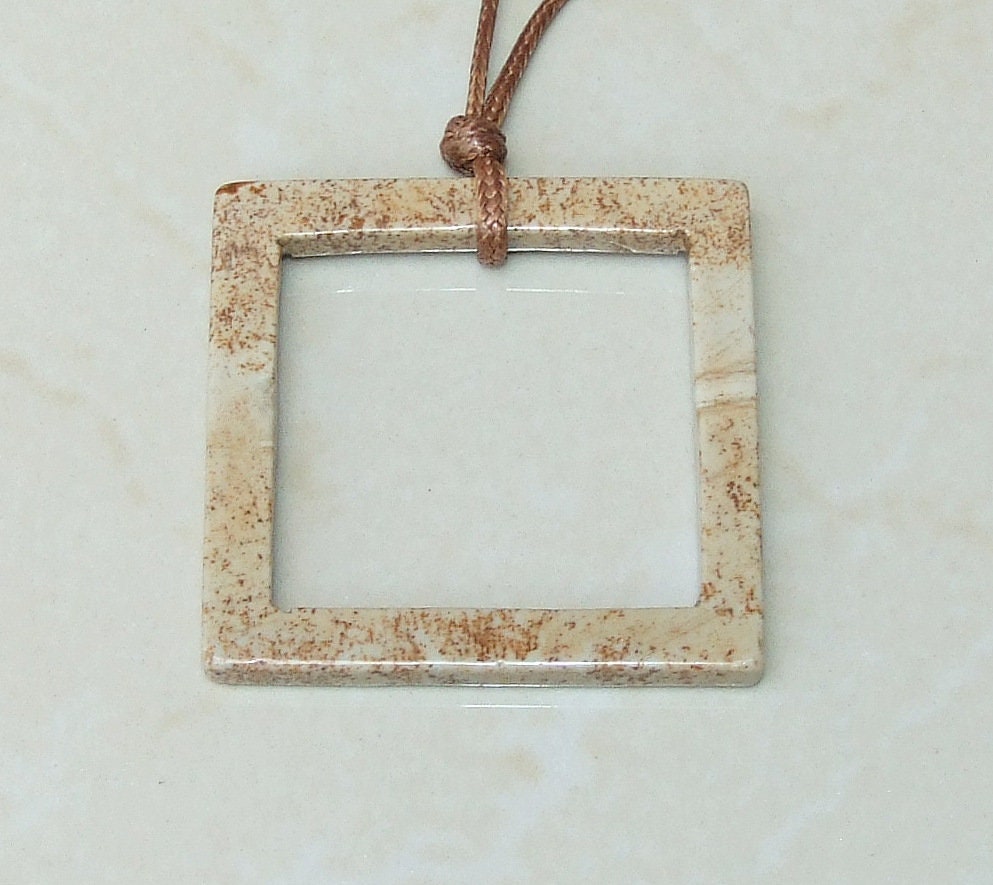 Picture Jasper Square Frame Pendant, Gemstone Pendant - Not Drilled - Yellow, Brown, Gray - Polished Finish, Very unique - 51mm x 51mm - EDGBeadsandGems