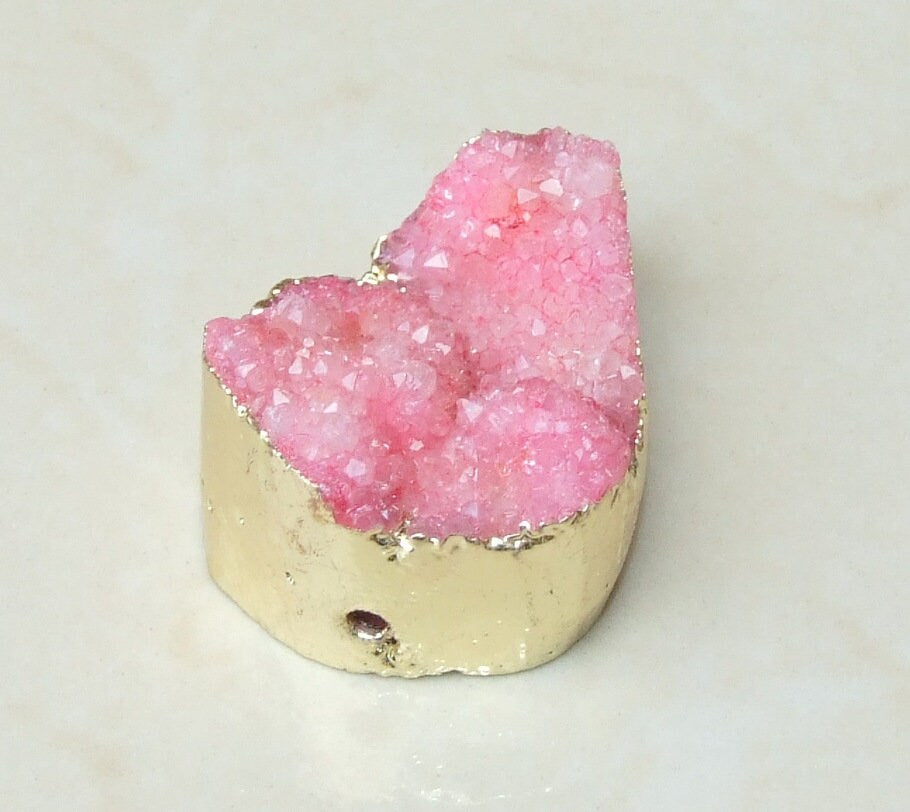 Pink Druzy Connector, Druzy Pendant. Gold Plated Edge - Center Drilled - Crystal Druzy Agate Pendant Bead - 31mm x 40mm - 3466 - EDGBeadsandGems