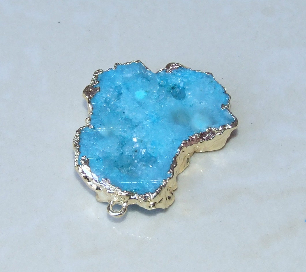 Blue Druzy Connector, Geode Pendant, Quartz Crystal, Geode Slice, Druzy Connector, Gemstone Pendant, Gold Plated Edge - 32mm x 35mm - 4750 - EDGBeadsandGems