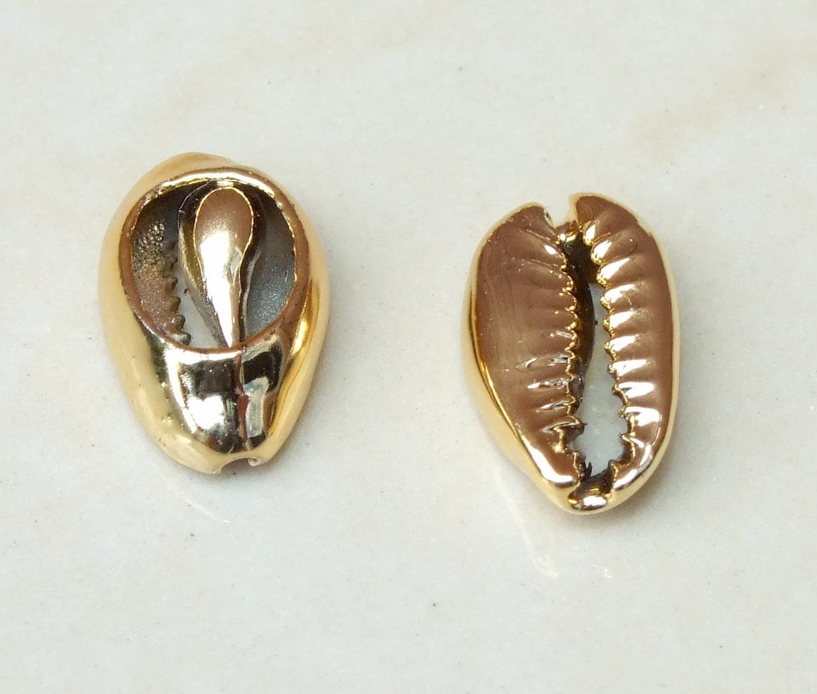 10 Small Gold Plated Cowrie Shell Connector, No Loops, Natural Seashell Pendant, Money Shell, Sea shell - Beach, Pendant, Boho - 13-16mm - EDGBeadsandGems