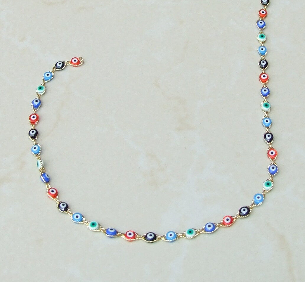 Multi-color Glass Evil Eye Rosary Chain, Bulk Chain, Marquee Bead, Beaded Chain, Body Chain Jewelry, Gold Chain, Necklace Chain, Belly Chain - EDGBeadsandGems