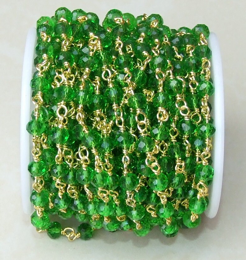 Emerald Green Glass Rosary Chain, Bulk Chain, Rondelle Glass Beads, Beaded Chain, Body Chain Jewelry, Gold Chain, Necklace, Belly Chain, 6mm - EDGBeadsandGems