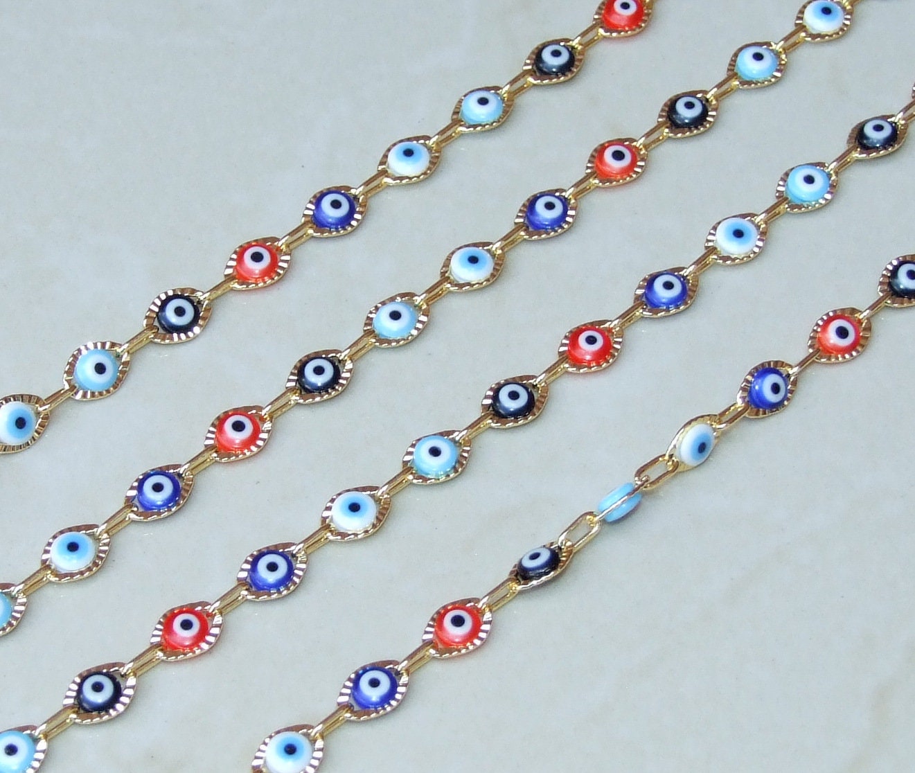 Multi-color Glass Evil Eye Rosary Chain, Bulk Chain, Marquee Bead, Beaded Chain, Body Chain Jewelry, Gold Chain, Necklace Chain, Belly Chain - EDGBeadsandGems