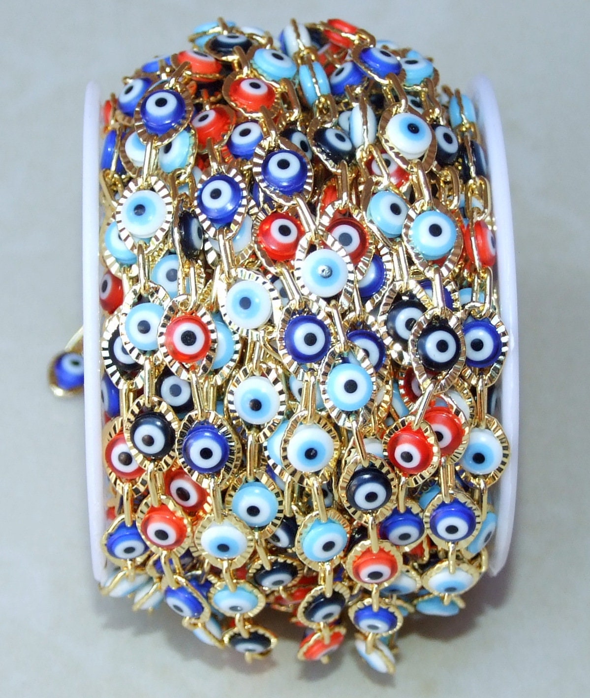 Multi-color Glass Evil Eye Rosary Chain, Bulk Chain, Marquee Bead, Beaded Chain, Body Chain Jewelry, Gold Chain, Necklace Chain, Belly Chain - EDGBeadsandGems
