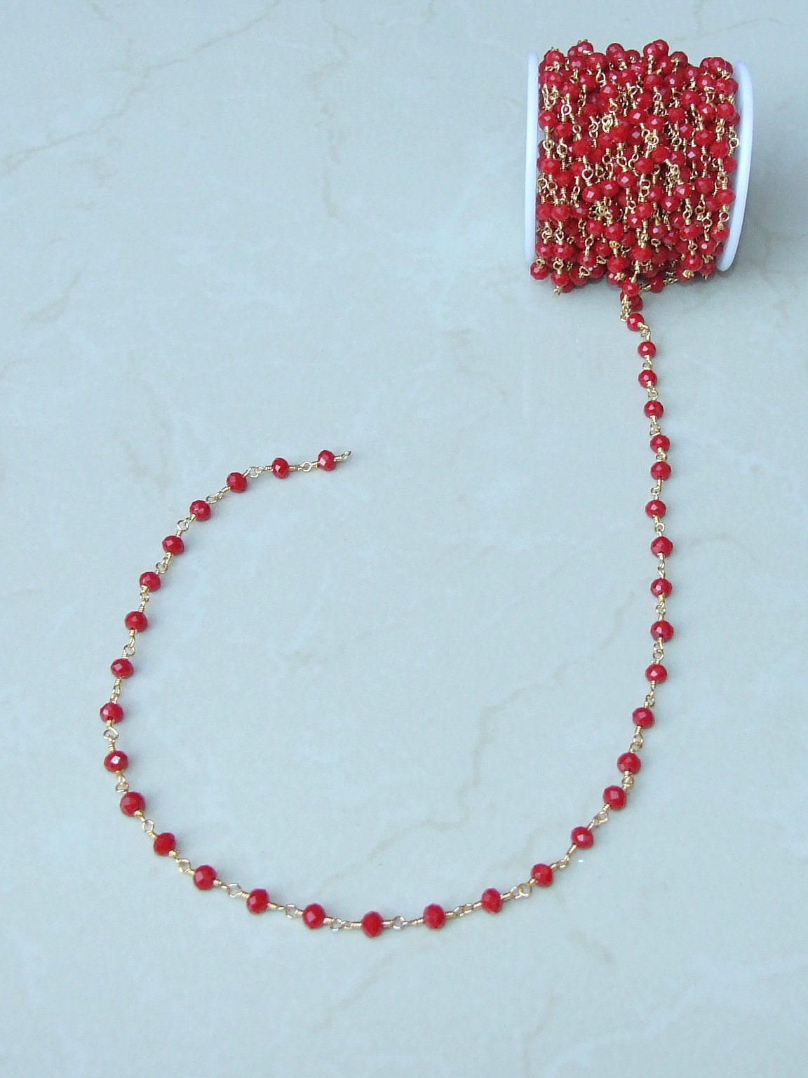 Ruby Red Glass Rosary Chain, Gold Plated Wire Wrapped Rondelle Beads - EDGBeadsandGems