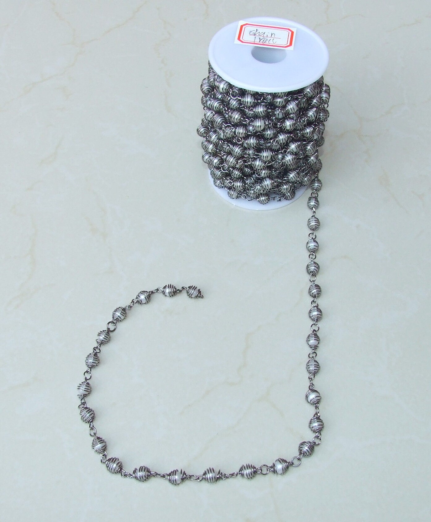 White Glass Pearl In A Cage Rosary Chain, Bulk Chain, Wire Wrapped Beaded Chain, Body Chain Jewelry, Gunmetal, Necklace Chain, Belly Chain - EDGBeadsandGems