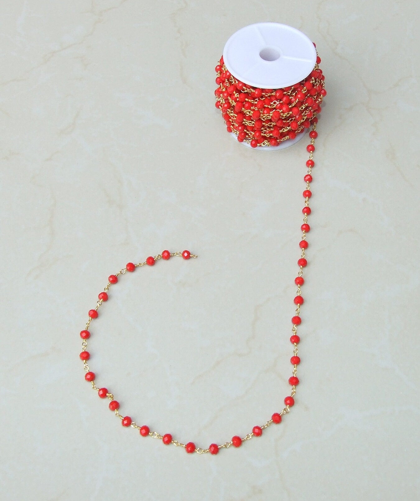 Red Glass Rosary Chain, Bulk Chain, Rondelle Glass Beads, Beaded Chain, Body Chain Jewelry, Gold Chain, Necklace Chain, Belly Chain - EDGBeadsandGems