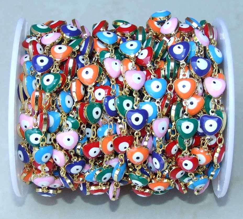 Heart Evil Eye Rosary Chain: Multi-Color Glass Beads, Gold Plated Edge - EDGBeadsandGems
