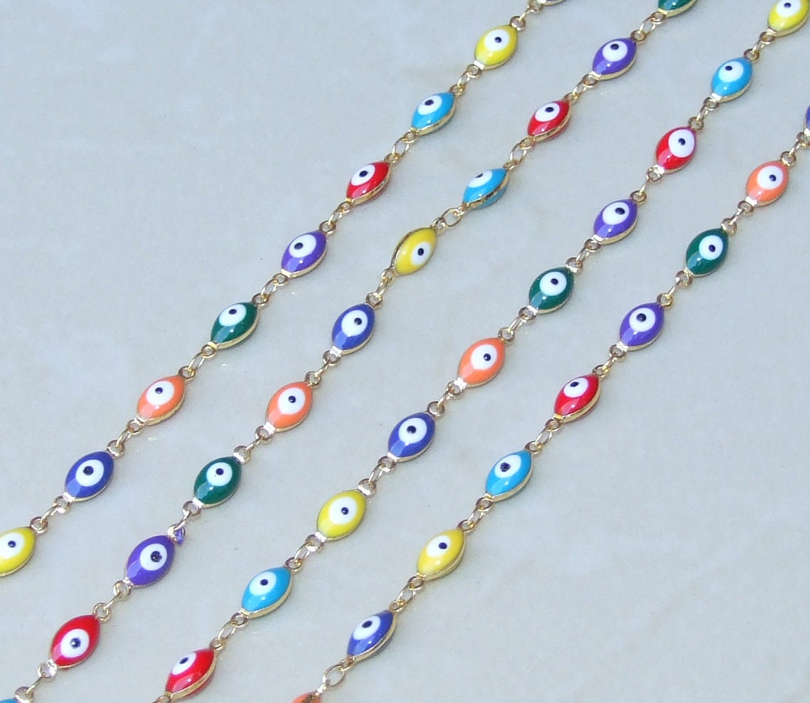 Multi-color Glass Horse Eye Shaped Evil Eye Rosary Chain, Bulk Chain, Beaded Chain, Body Chain, Gold Chain, Necklace Chain, Belly Chain - EDGBeadsandGems