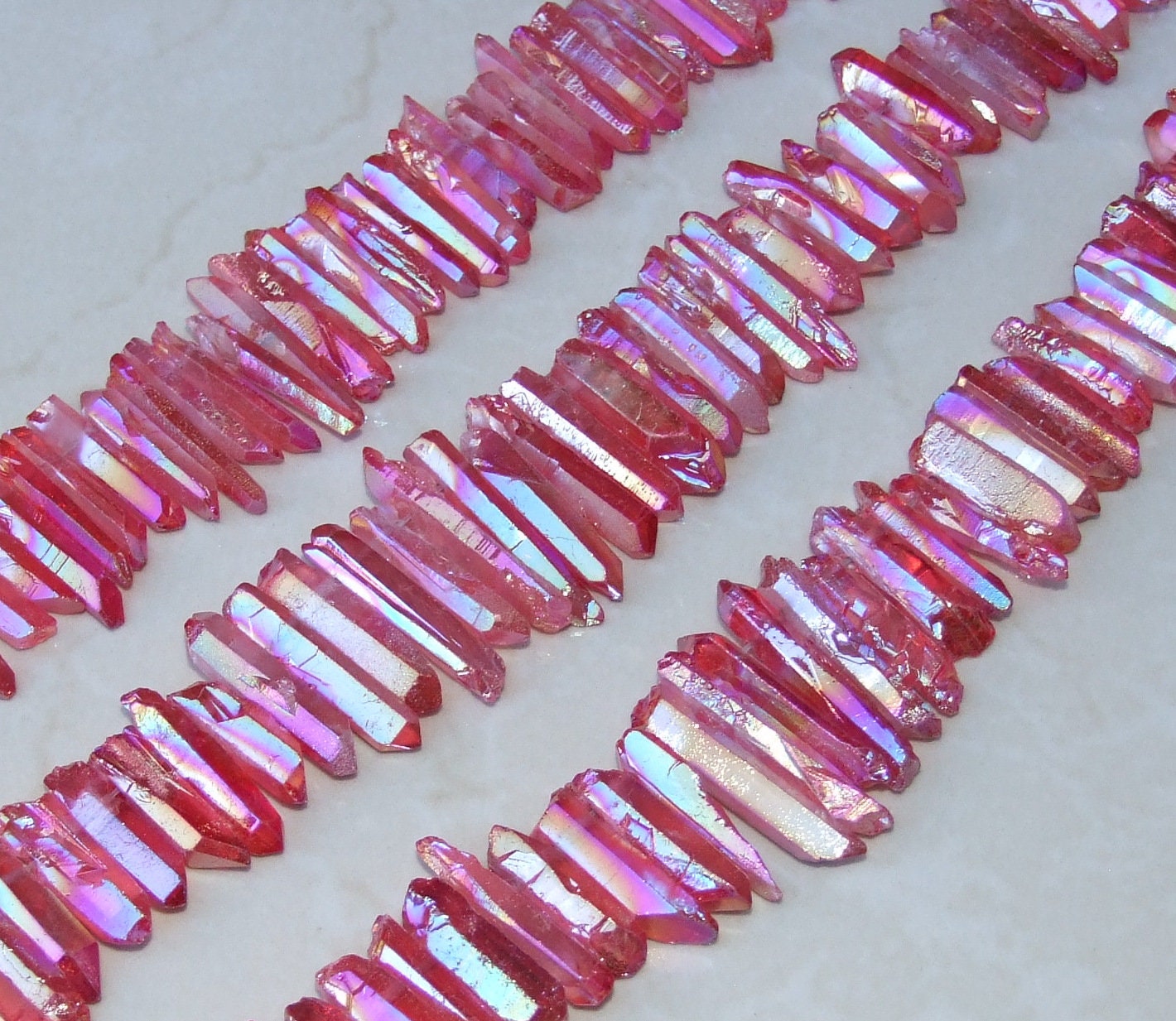 Bright Red Titanium AB Quartz Points, Titanium Quartz Points Strand, Raw Quartz Points Drilled, Quartz Crystals Points Strand Beads, 20-38mm - EDGBeadsandGems