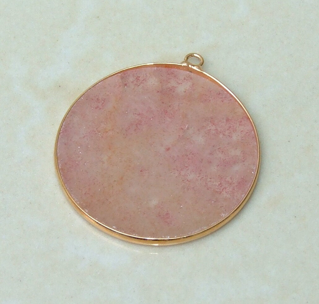 Strawberry Quartz Pendant, Gemstone Pendant, Thin, Slice Pendant, Polished, Round, Gold Bezel, Jewelry Stones, Necklace Pendant, 30mm - EDGBeadsandGems