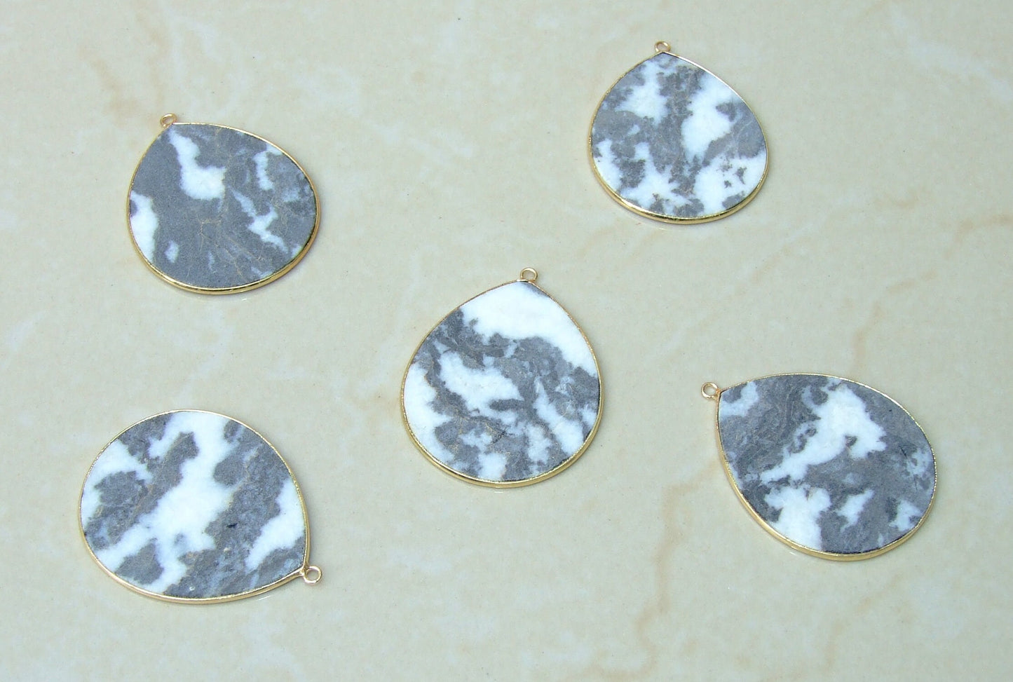 Zebra Jasper Pendant, Gemstone Pendant, Slice Pendant, Gold Plated Bezel and Bail, Teardrop Pendant, Thin, Polished - 32mm x 38mm - EDGBeadsandGems
