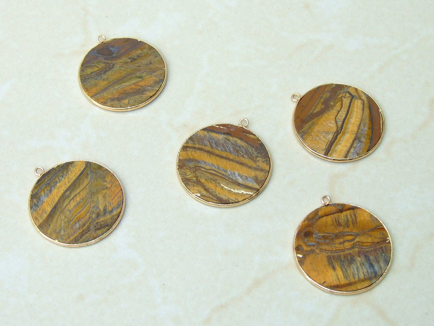 Tiger Eye Pendant, Gemstone Pendant, Thin Slice Pendant, Highly Polished, Round, Gold Bezel, Jewelry Necklace Pendant, 30mm - EDGBeadsandGems