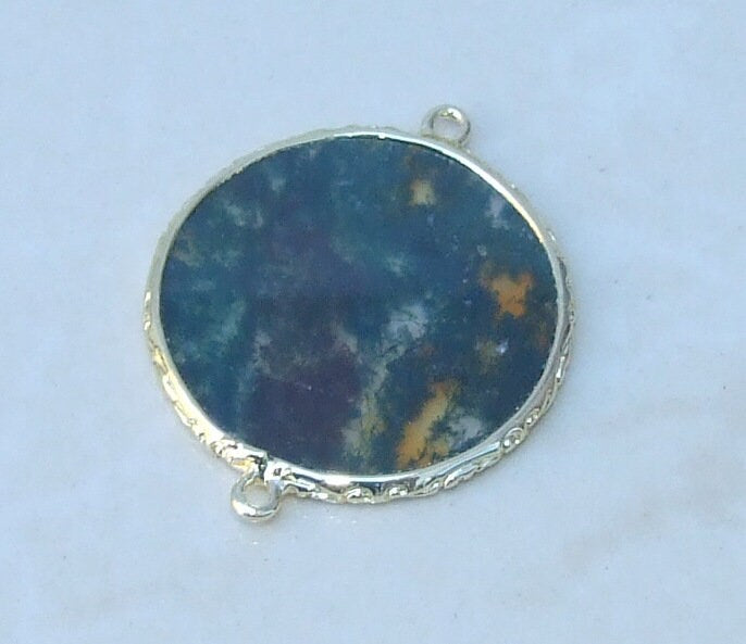 Moss Agate Connector, Gemstone Pendant, Moss Agate Slice, Thin Polished Agate, Round, Gemstone Beads, Gold Filigree Bezel - 32mm - 7465 - EDGBeadsandGems