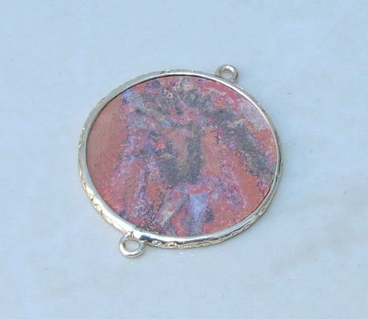 Red Jasper Connector, Gemstone Pendant, Jasper Pendant, Thin Slice, Polished, Gold Filigree Bezel, Jewelry Stones - 32mm - 7480 - EDGBeadsandGems