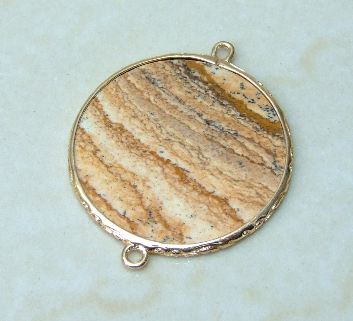 Picture Jasper Connector, Gemstone Pendant, Jasper Slice, Thin Polished Jasper, Round, Gemstone Beads, Gold Filigree Bezel - 32mm - EDGBeadsandGems