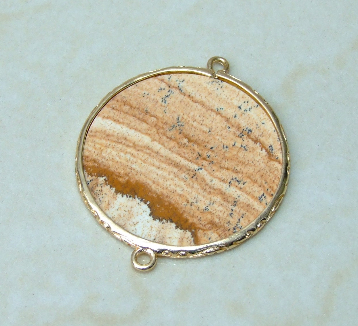 Picture Jasper Connector, Gemstone Pendant, Jasper Slice, Thin Polished Jasper, Round, Gemstone Beads, Gold Filigree Bezel - 32mm - EDGBeadsandGems
