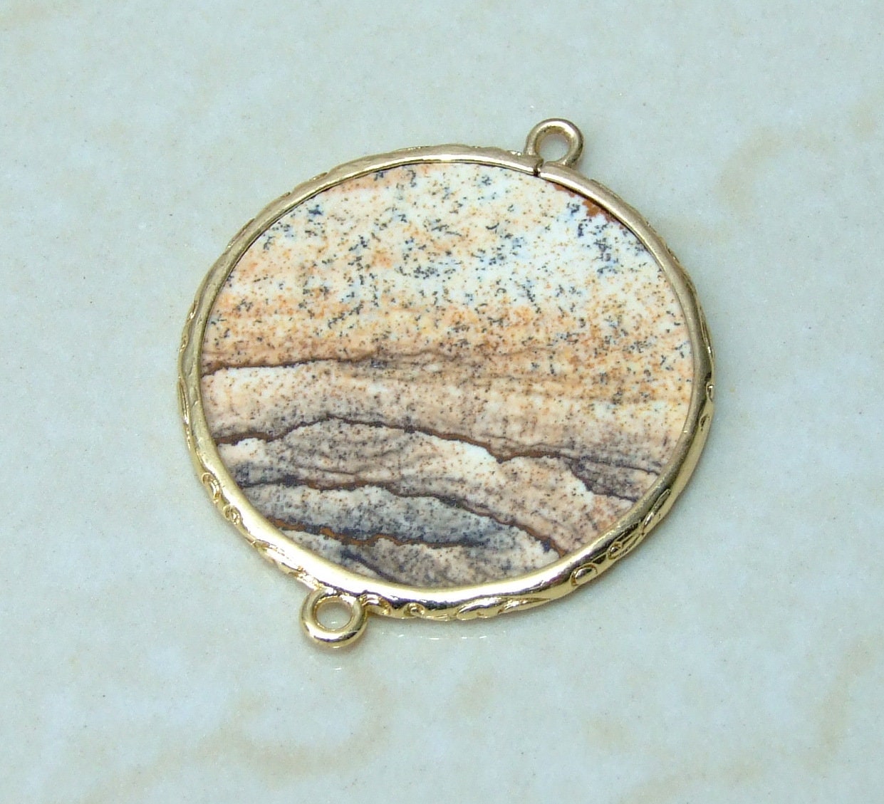 Picture Jasper Connector, Gemstone Pendant, Jasper Slice, Thin Polished Jasper, Round, Gemstone Beads, Gold Filigree Bezel - 32mm - EDGBeadsandGems