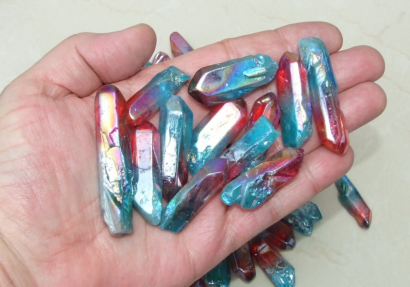 7 Lightly Polished Undrilled Angel Aura Quartz Crystals Points, Titanium Quartz, Gemstone Beads, Pendant, Wand, Healing Quartz, 35-50+mm - EDGBeadsandGems