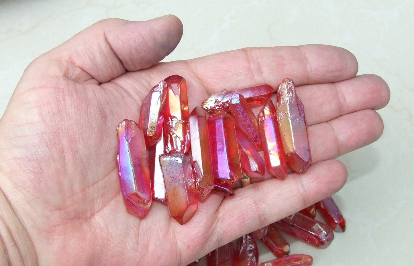 10 Lightly Polished Undrilled Angel Aura AB Quartz Crystals Points, Titanium Quartz, Gemstone Beads, Pendant, Wand, Healing Quartz, 25-40mm - EDGBeadsandGems
