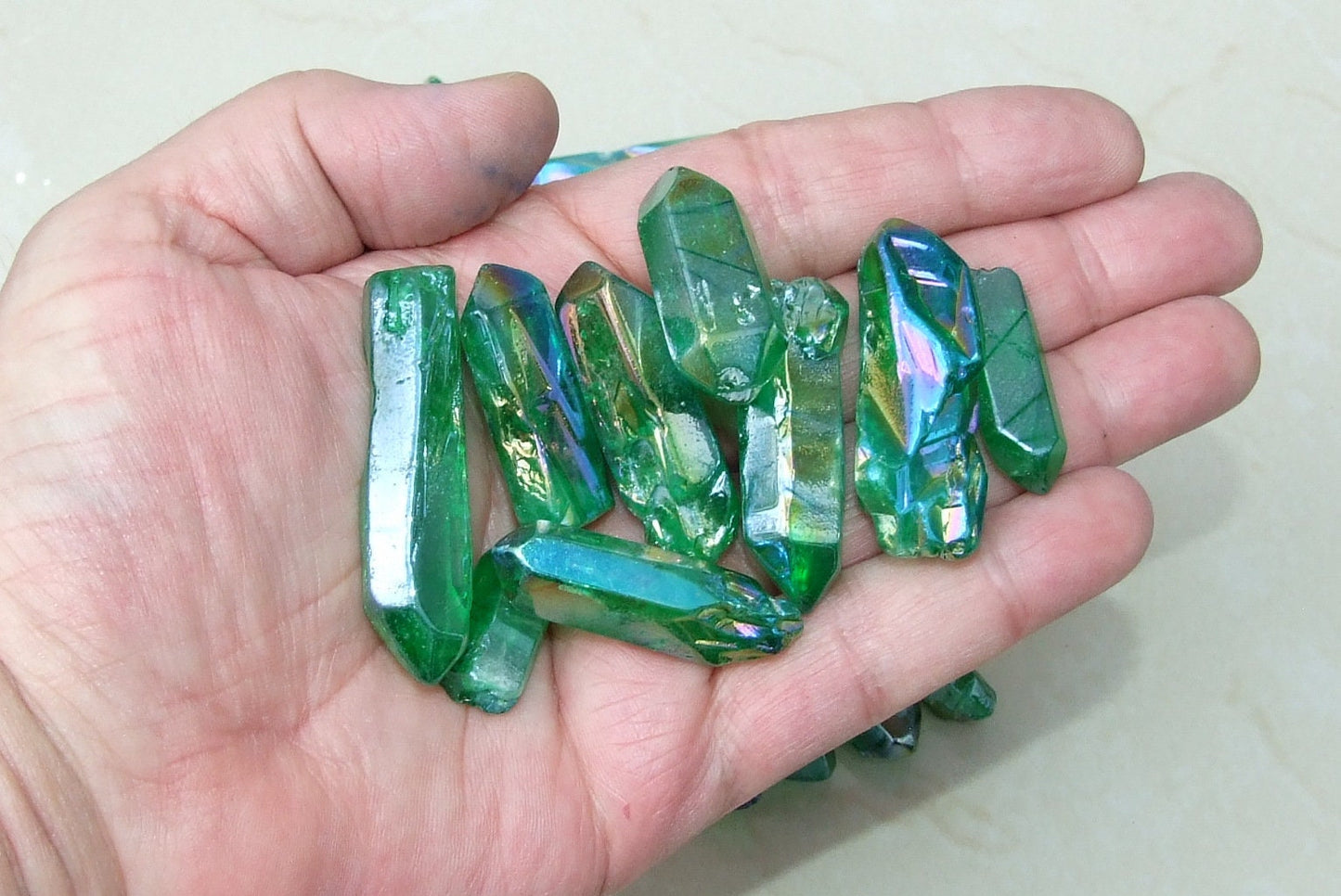 7 Lightly Polished Undrilled Angel Aura AB Quartz Crystals Points, Titanium Quartz, Gemstone Beads, Pendant, Wand, Healing Quartz, 30-40mm - EDGBeadsandGems