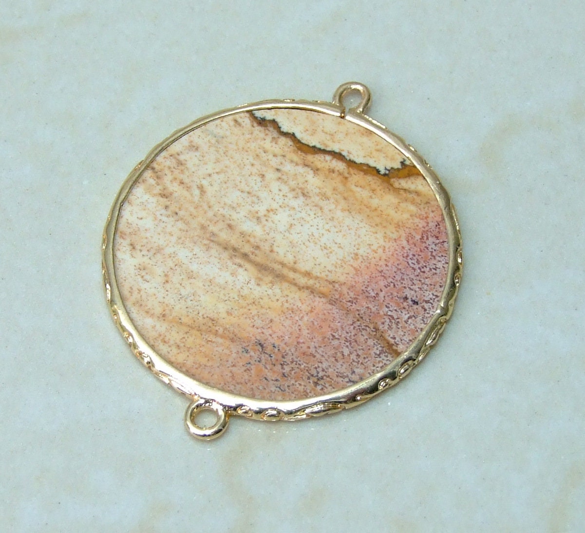 Picture Jasper Connector, Gemstone Pendant, Jasper Slice, Thin Polished Jasper, Round, Gemstone Beads, Gold Filigree Bezel - 32mm - EDGBeadsandGems