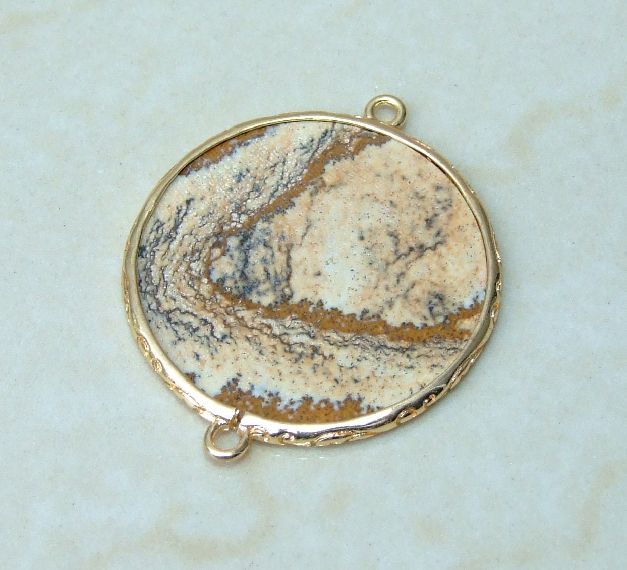 Picture Jasper Connector, Gemstone Pendant, Jasper Slice, Thin Polished Jasper, Round, Gemstone Beads, Gold Filigree Bezel - 32mm - EDGBeadsandGems