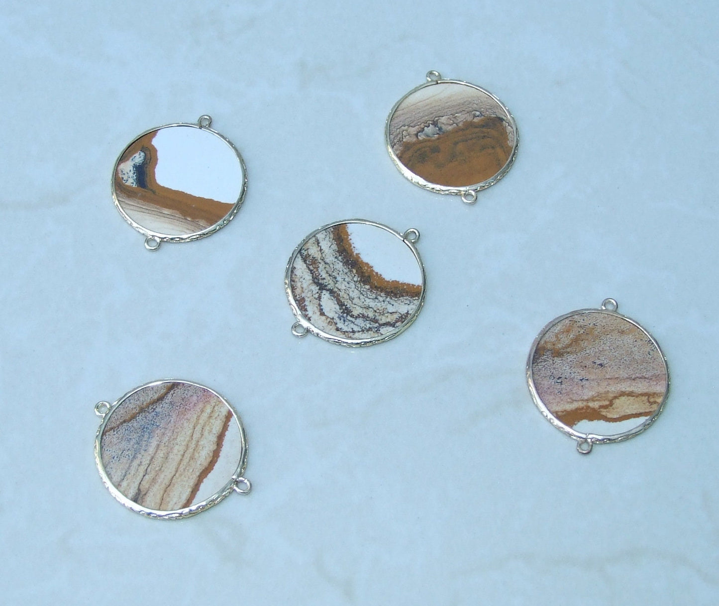 Picture Jasper Connector, Gemstone Pendant, Jasper Slice, Thin Polished Jasper, Round, Gemstone Beads, Gold Filigree Bezel - 32mm - EDGBeadsandGems