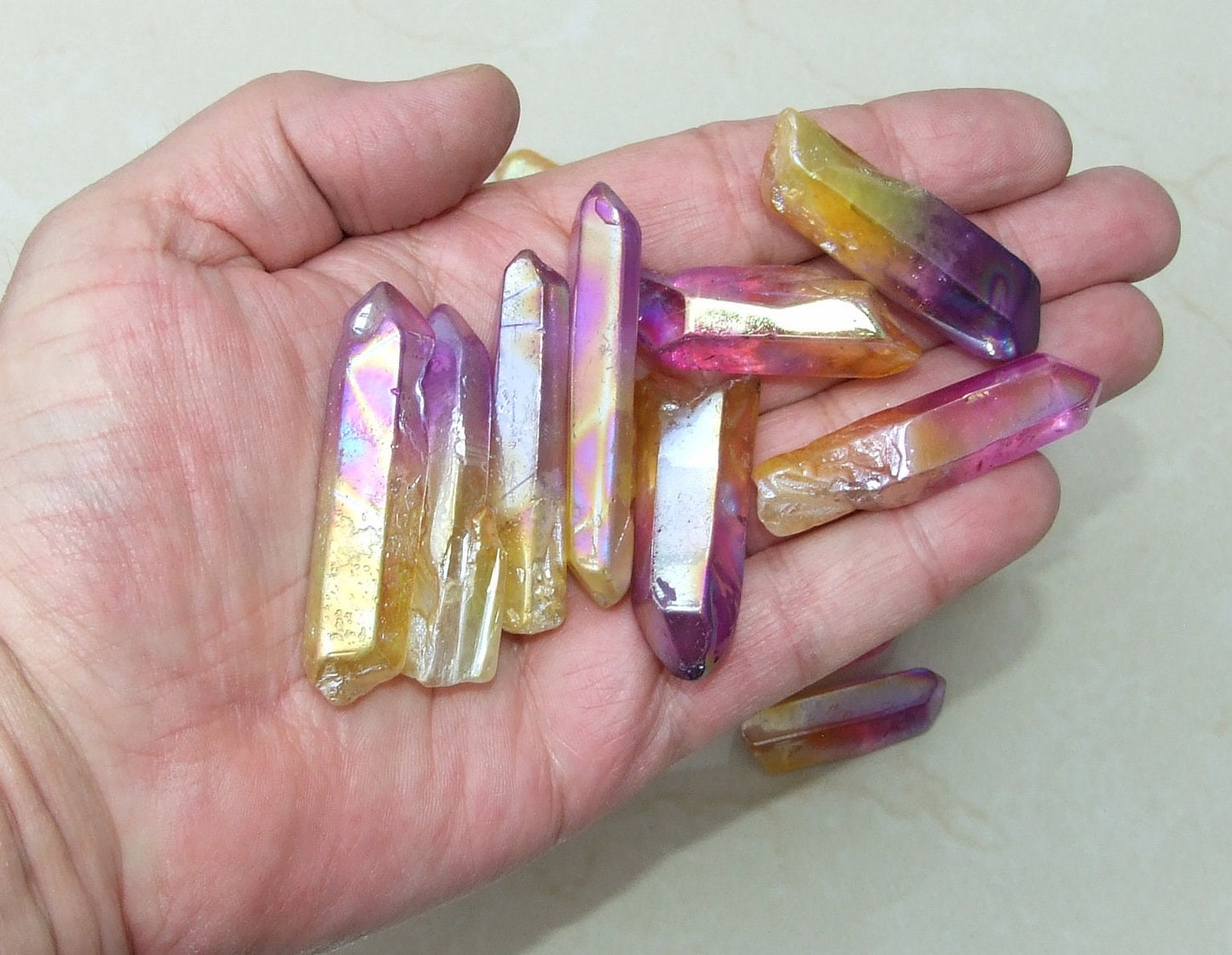 5 Lightly Polished Undrilled Bulk Aura Quartz Crystals Points, Titanium Quartz, Gemstone Beads, Pendant, Wand, Healing Quartz, 35-50+mm - EDGBeadsandGems
