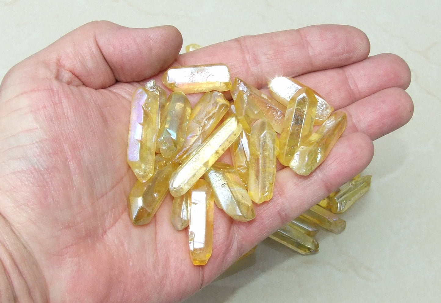 10 Lightly Polished Undrilled Angel Aura Quartz Crystals Points, Titanium Quartz, Gemstone Beads, Pendant, Wand, Healing Quartz, 30-40+mm - EDGBeadsandGems