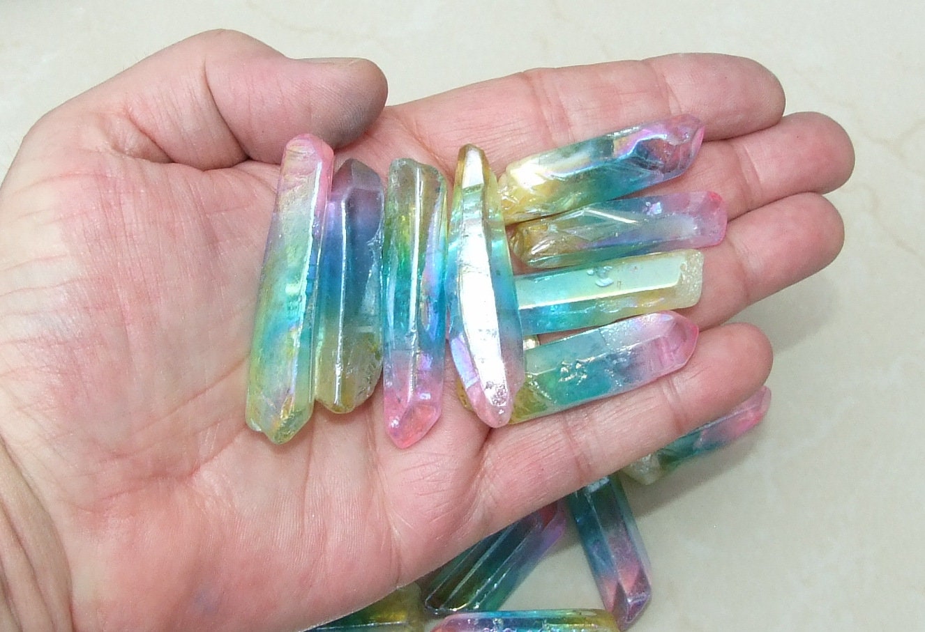 6 Lightly Polished Undrilled Angel Aura Quartz Crystals Points, Titanium Quartz, Gemstone Beads, Pendant, Wand, Healing Quartz, 35-50+mm - EDGBeadsandGems