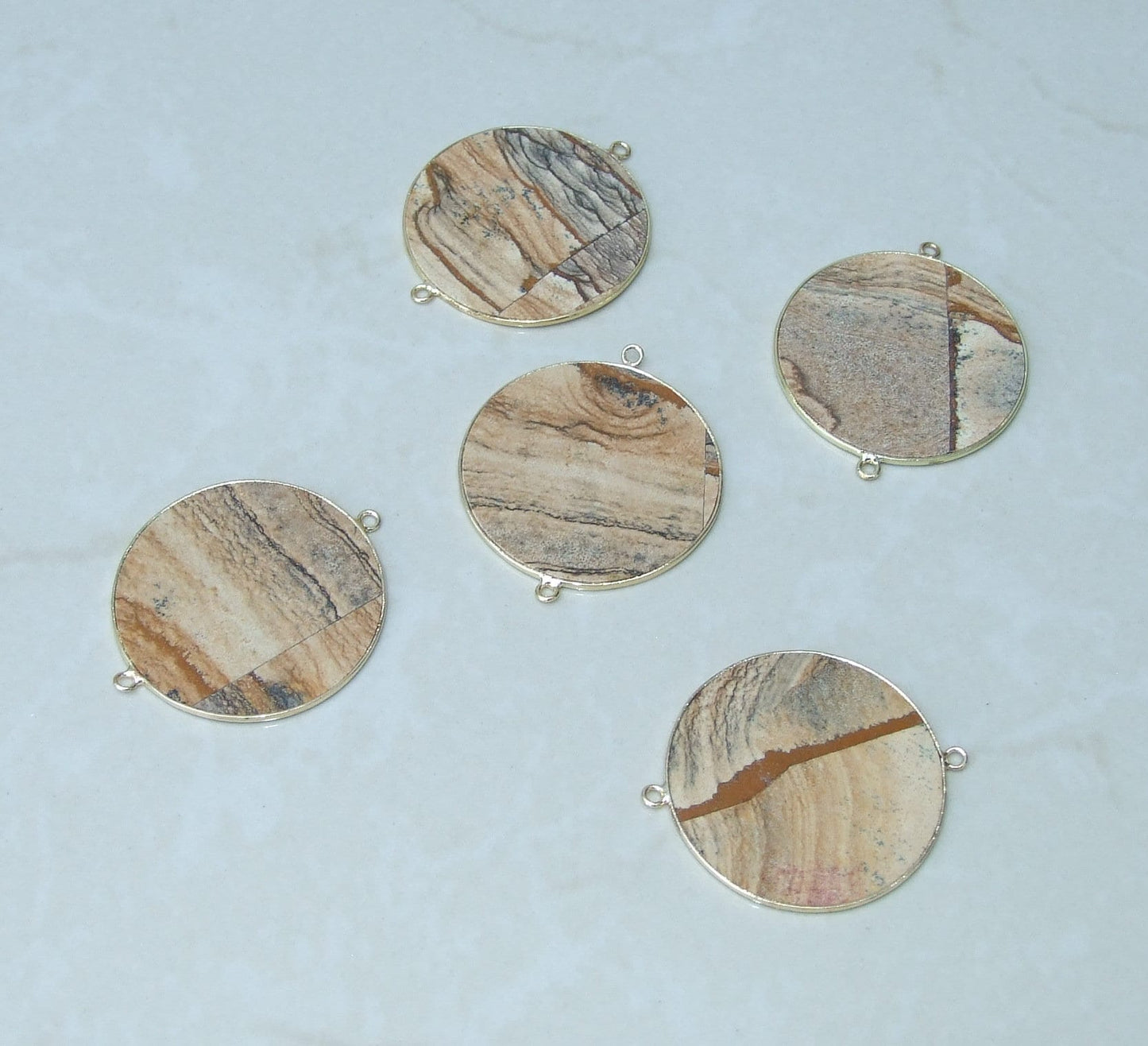 Picture Jasper Connector, Gemstone Pendant, Jasper Slice, Thin Polished Jasper, Round, Gemstone Beads, Gold Bezel, Jasper Beads - 40mm - EDGBeadsandGems