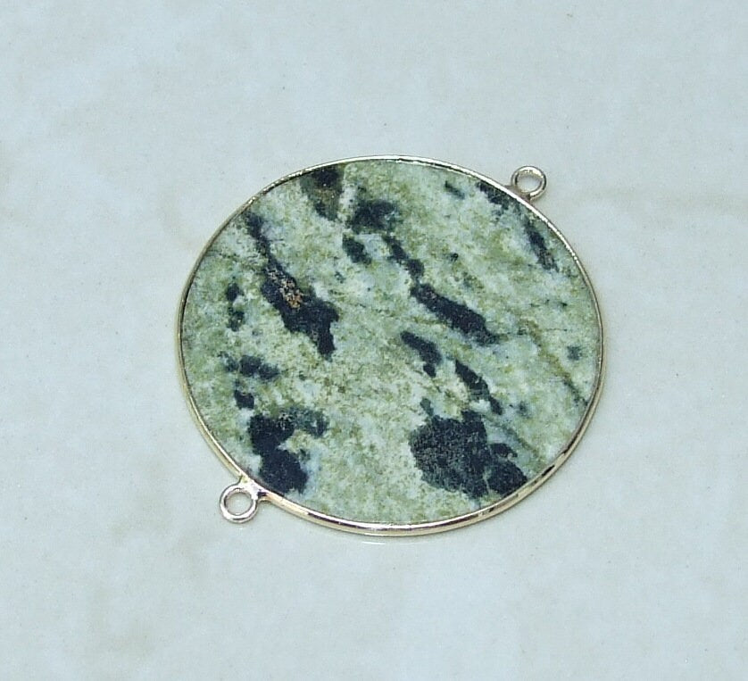 Yellow Green Jasper Connector, Gemstone Pendant, Jasper Slice, Thin Polished Jasper, Round, Gemstone Beads, Gold Bezel, Jasper Beads - 40mm - EDGBeadsandGems