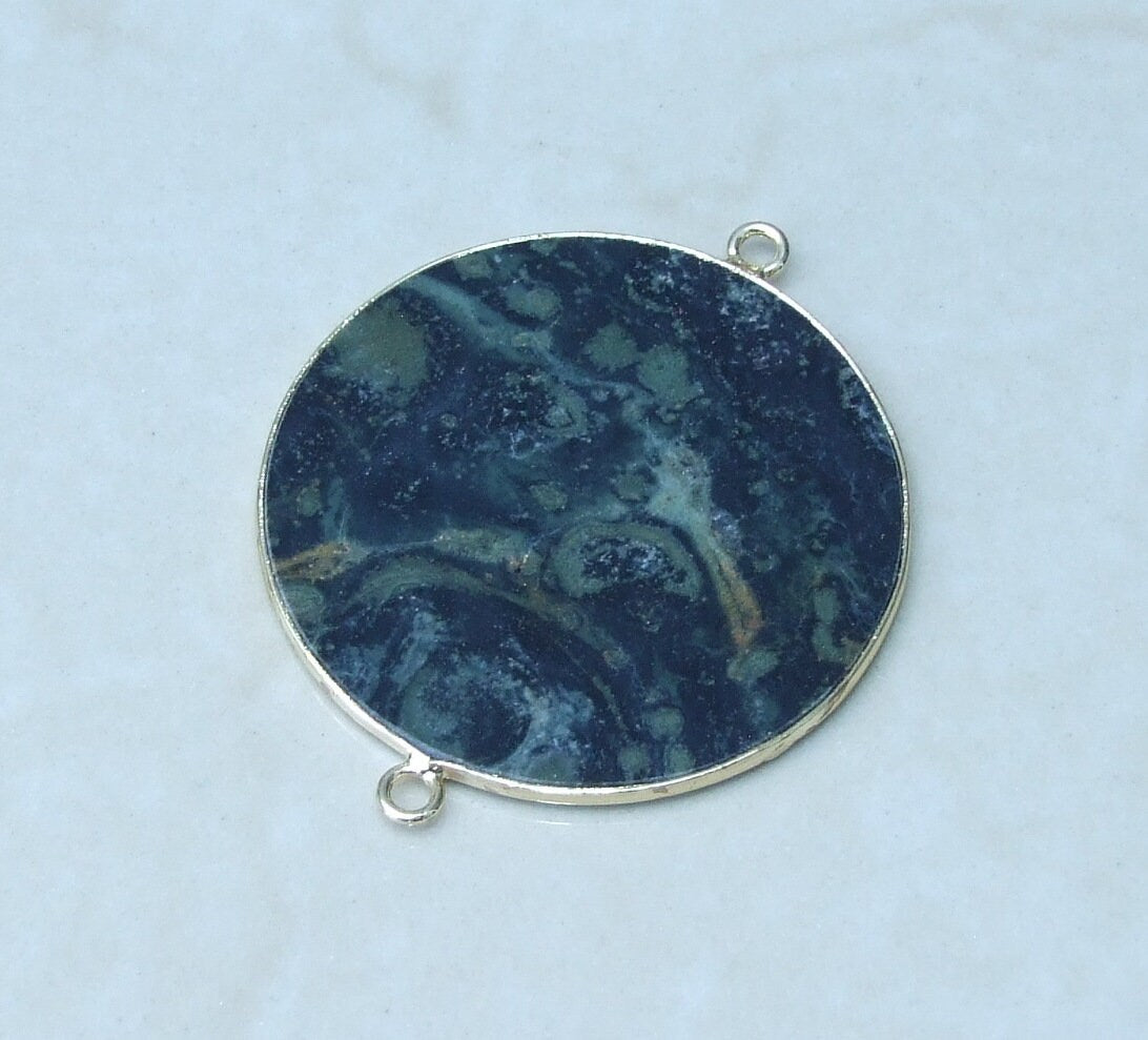 Kambaba Jasper Connector, Gemstone Pendant, Fossilized Algae Slice, Very Thin, Polished, Round, Gemstone Beads, Gold Bezel - 40mm - EDGBeadsandGems
