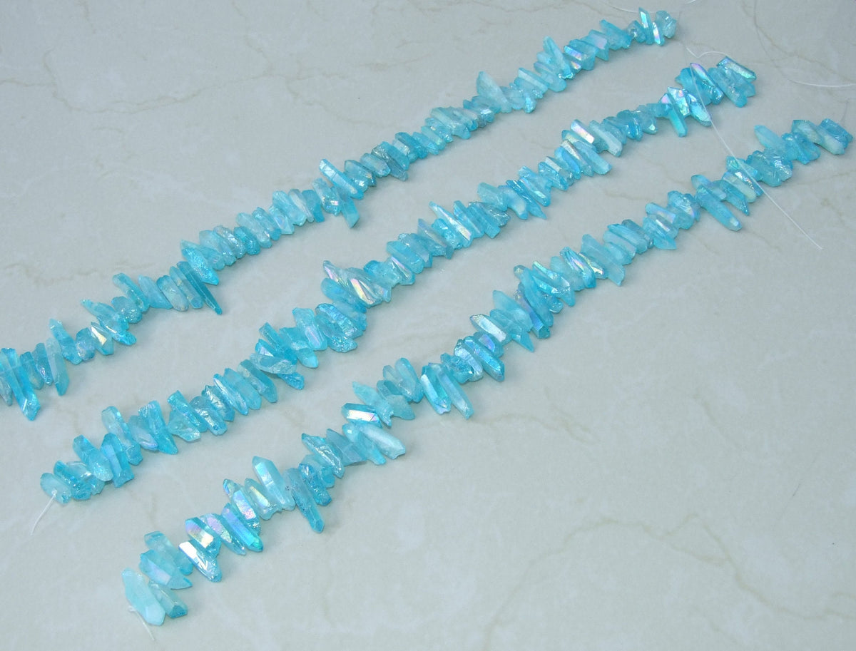 Aqua Blue Aura Quartz Points, Titanium Gemstone Quartz Points Strand, Raw AB Quartz Points, Quartz Crystals Points Strand Beads, 15-30+mm - EDGBeadsandGems